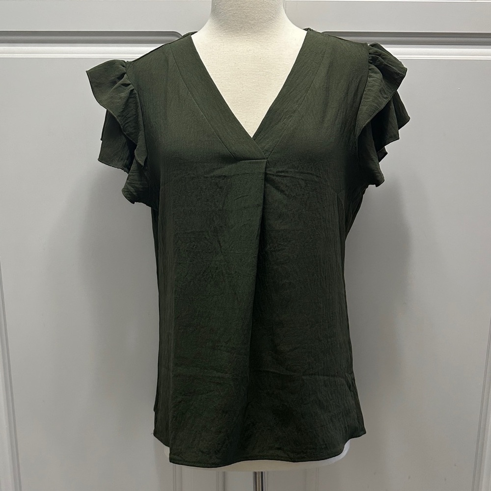 Arden B Dark Green V-Neck Blouse with Ruffle Sleeves